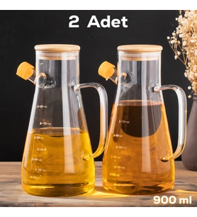 Porsima 401275 Alisa Bambu Kapaklı Borosilikat Ölçekli Cam Yağlık Silikon Tabanlı Dereceli Yağdanlık 900 mL