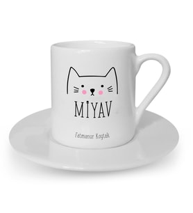 İsme Özel Türk Kahvesi Fincanı Seti - Miyav Kedi