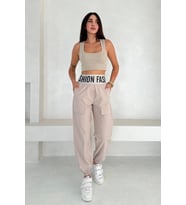 Beli Lastikli Fashion Pantolon Krem
