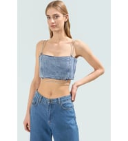 Yazlık Denim Straplez Bluz Fitted Kalıp Taş Detaylı Modern Stil Özel Tasarım Trend (Mavi)