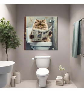 Tekli Kare Kanvas Banyo Tablosu Gazete Okuyan İran Kedisi