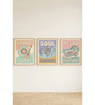 Retro Music Groove 3’lü Ahşap Çerçeveli Tablo Seti