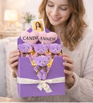 Kadınlar Gününe Özel Canım Annem Tasarımlı,Fotoğraflı Peluş Mor Ayıcık Buketi Mektup Kutu Seti