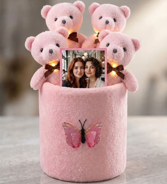 Kişiye Özel Fotoğraflı LED Işıklı Peluş Kelebek Kutuda Pembe Ayıcık Buketi – Anneye, Eşe, Arkadaşa Hediye