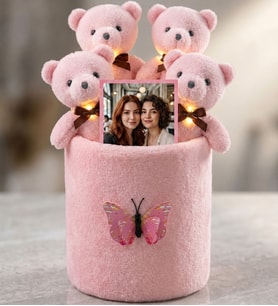 Kişiye Özel Fotoğraflı LED Işıklı Peluş Kelebek Kutuda Pembe Ayıcık Buketi – Anneye, Eşe, Arkadaşa Hediye