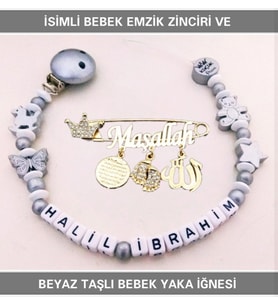 Sahi Aksesuar İsimli Bebek Emzik Zinciri ve Beyaz Taşlı Bebek Yaka İğnesi