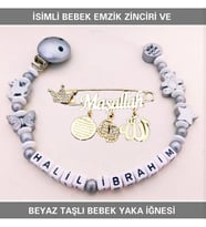 Sahi Aksesuar İsimli Bebek Emzik Zinciri ve Beyaz Taşlı Bebek Yaka İğnesi
