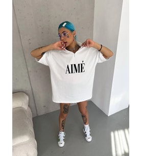 Kadın Yarım Fermuarlı Tişört Kısa kol Baskılı T-Shirt - Beyaz