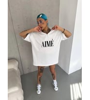 Kadın Yarım Fermuarlı Tişört Kısa kol Baskılı T-Shirt - Beyaz