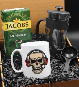 Özel Tasarımlı Kulaklıklı Kuru Kafa Kupa & French Press & 250 Gram Jacobs Monarch Filtre Kahve Hediye Seti