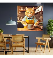 Kare Kanvas Kahve Köşesi Cafe Tablosu Barista Sarı Sarman Kedi