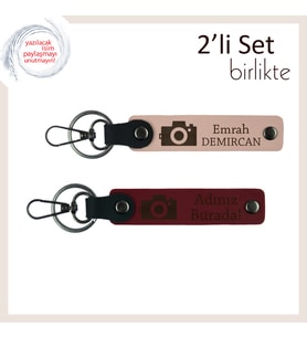 Her Anıyı Anahtarlığında Taşı, Kamera Motifli, İsme Yazılı 2’li Deri Anahtarlık, Yavru Ağzı-Bordo