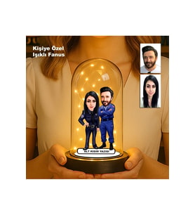 Kişiye Özel Çift Karikatür Fanus  Sevgili ve Evlilere Özel Işıklı Biblo