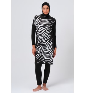 Alfasa Önü Zebra Desenli Kadın Tam Kapalı Tesettür Mayo 23691 Siyah