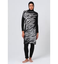 Alfasa Önü Zebra Desenli Kadın Tam Kapalı Tesettür Mayo 23691 Siyah