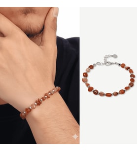 Gümüş Renk Metal Zincirli Dorika Top Süslemeli Amorf Kırmızı Beyaz Akik Doğaltaş Erkek Bileklik