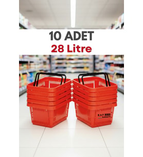 10 Adet - 28 Litre Plastik Market Alışveriş Sepeti Saplı Dayanıklı Market Mağaza El Sepeti Kırmızı