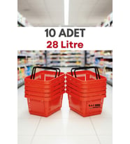 10 Adet - 28 Litre Plastik Market Alışveriş Sepeti Saplı Dayanıklı Market Mağaza El Sepeti Kırmızı