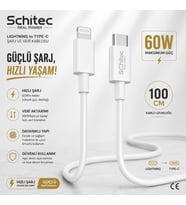 SChitec 60W Type-C to Lightning Data ve Hızlı Şarj Kablosu Telefon, İpad Uyumlu Beyaz SK003