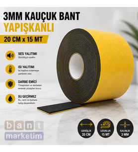 3mm Kauçuk Bant Yapışkanlı 20cm x 15 Metre – Kendinden Yapışkanlı Ses ve Isı Yalıtım Bandı