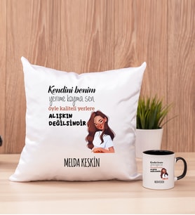 Kişiye Özel Alışıkın Değilsindir Tasarım Esprili Kare Yastık ve Siyah Kupa