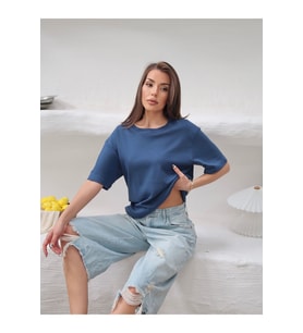 Kadın Mia İnterlok Kumaş Bisiklet Yaka Oversize T-Shirt