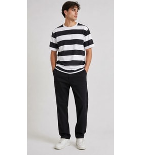 Erkek Çizgili Oversize Tişört Bisiklet Yaka Kısa Kol Yazlık T-Shirt - Siyah