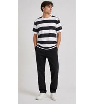 Erkek Çizgili Oversize Tişört Bisiklet Yaka Kısa Kol Yazlık T-Shirt - Siyah