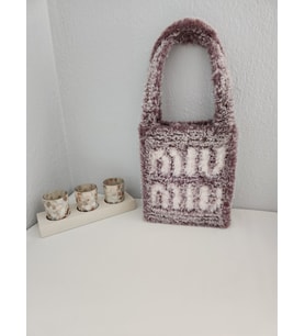 MIU MIU Yazılı, Kahve-Beyaz, Kanvas İşleme, El Yapımı, Peluş, Kadın Tote Bag