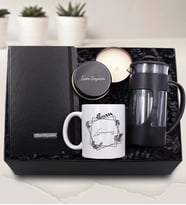 Kişiye Özel Siyah Defter & Metal Kutulu Mum & Tasarım Kupa & Siyah French Press Hediye Seti