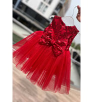 Pul Payet ve Kristal Tül Kız Çocuk Bebek Henna Kına Mevlüt Abiye Elbise (Kırmızı)