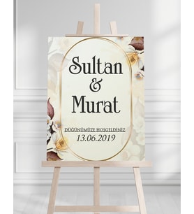 Söz Nişan Düğün İçin 50x70 Karşılama Panosu - Sarı Çiçek Desenli