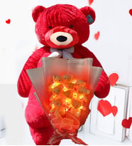 Hediye Sevgiliye 90cm Büyük Ayıcık ve Ledli 9 Ayıcıklı Ayıcık Buketi Peluş Set (Kırmızı)