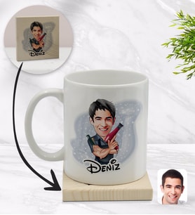 BK Gift Kişiye Özel Erkek Kuaför Karikatürlü Beyaz Kupa Bardak ve Ahşap Bardak Altlığı Hediye Seti - Model 1