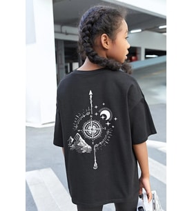 Çocuk Pusula Baskılı Pamuklu Tshirt (Siyah)