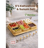 6 Bölmeli Bambu Tepsili Kahvaltılık Seti – Akrilik Kapaklı Çerezlik Çok Amaçlı Servis Sunum Tepsisi