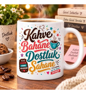 Kahve Bahane Dostluk Şahane Renkli Baskılı Kupa – Kahve Sever Arkadaşa Hediye