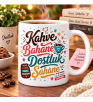 Kahve Bahane Dostluk Şahane Renkli Baskılı Kupa – Kahve Sever Arkadaşa Hediye