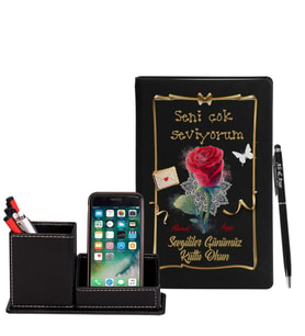 Sevgililer Gününe Özel Siyah Defter Kalem & Deri Kaplama Kalemlik Hediye Seti 15