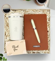 Kişiye Özel Kahverengi Defter & Beyaz Roller Kalem & Dereceli 350 ML Çelik Termos Hediye Seti