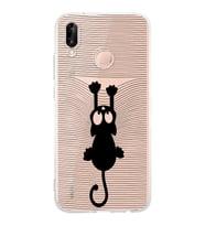 Huawei P20 Lite  Kamera korumalı Kapak Çizgi Kedi (Siyah) Tasarımlı Şeffaf Kılıf