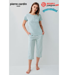 Pierre Cardin Kadın Büyük Beden Modal Pamuklu Rahat Kalıp Çizgili Kapri Kısa Kol Pijama Takım
