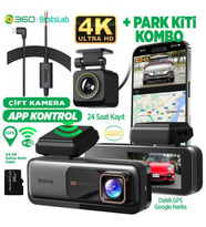 360+ G980H Ön Gerçek 4K 3840x2160p UHD - Arka 1080P FHD 170° Geniş Açı Lens Gece Görüşü Dahili Gps + Park Modu Bağlantı Kablosu Combo (Siyah)
