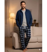 LYYN Pijalüx Tek Alt Ekose Kalın Poplin Ev Pantalonu (Mavi)
