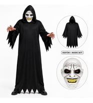 Korkunç Gülümseyen Maskeli Siyah Kapüşonlu Kostüm Seti 140 cm (5343)