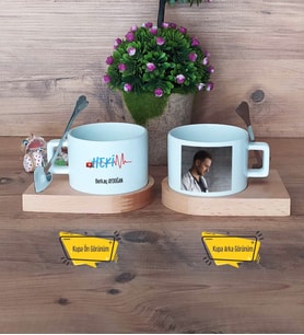 Hekim Kupa Bardak Ahşap Altlıklı Kısa Fotoğraflı Tıp Bayramı Hediyesi Doktora Hediye