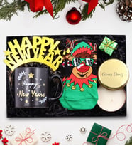 Yılbaşına Özel Gold Metal Kutulu Mum & Happy New Years Kupa & Yılbaşı Çorabı & Happy New Year Taç Hediye Seti