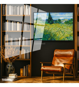 Siyah Renk Metal Çerçeveli Tamperli Cam Tablo Van Gogh Selvili Çayır Çiftlik Evi Ressam Tablosu Duvar Dekoru