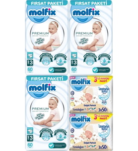 Molfix Premium Bebek Bezi Beden:3 (4-9KG) Midi 180 Adet Fırsat Pk + 6 Adet Islak Mendil