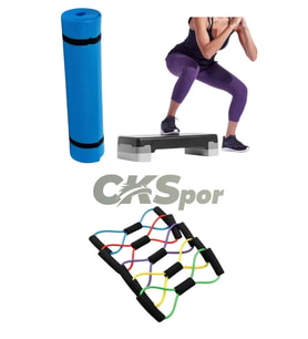 Fitness Set Step Tahtası + Pilates Direnç Bandı + 10 mm Kalın Spor Matı Seti – Evde Spor İçin İdeal (Mavi)